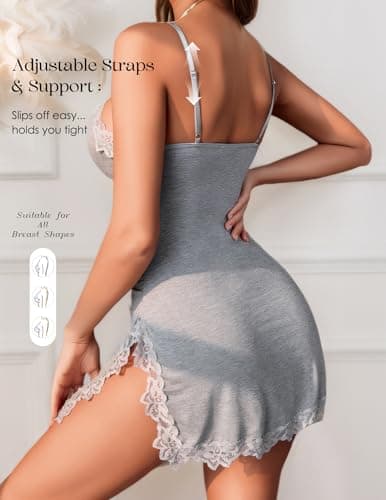 Girece Sexy Night Gowns for Woman Lace Trim Sleep Dress Babydoll Lingerie Dress Side Split Nighty Chemise Nightgowns(Gray,XL) - Thumbnail 6