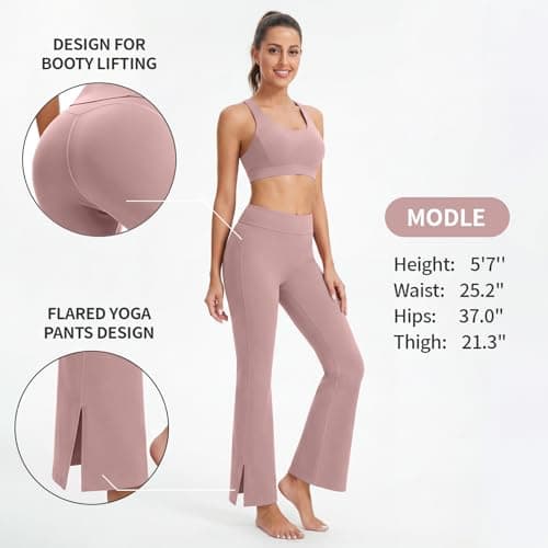 AMLEER Women's High Waist Full-Length Flare Leggings with Side Slit - Tummy Control Butt Lifting Gym Yoga Pants (Pink, X-Large) - Thumbnail 5