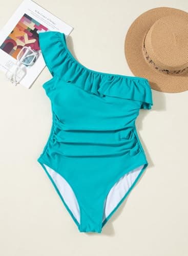 Dokotoo Lady Cold Shoulder One-Piece Swimsuit One Shoulder 2026 Asymmetric Removable Padded Ruffled Sleeve Cute Monokinis Tummy Control Plus Size Swimwear,Peacock Blue Small - Thumbnail 6