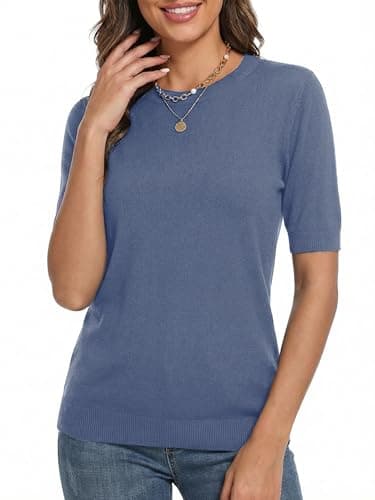 LaGracia Cashmere Sweaters for Women Crewneck Short Sleeve Basic Casual Lightweight Sweater Spring Top Haze Blue XL - Thumbnail 4