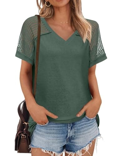 JUSTFASHIONNOW Women's Summer Tops Casual Short Sleeve V Neck Shirts Trendy 2025 Cute Ladies Blouses Business Outfits Green M - Thumbnail 2
