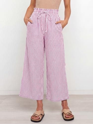 ANRABESS Womens Striped Gingham Palazzo Capri Pants Pajama Wide Leg Lounge Trousers Plaid Cute Crop PJ Bottoms with Pockets Red White Stripe X-Large - Thumbnail 3