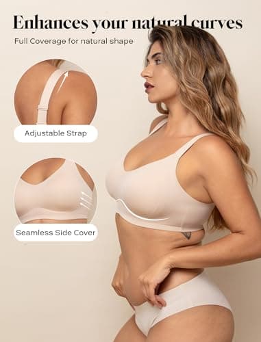 COMFELIE Seamless Wireless Minimizer Bra for Full-Figured Women, Full Coverage Breathable V-Neck No Underwire Adjustable Straps Everyday Bra Nude - Thumbnail 2