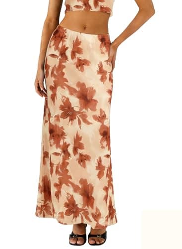 BLENCOT Women's Mesh Skirts High Waisted A Line Long Flowy Maxi Skirt Boho Printed Beach Vacation Skirt Women Clothes Fashion 2026 Brown Large - Image 1