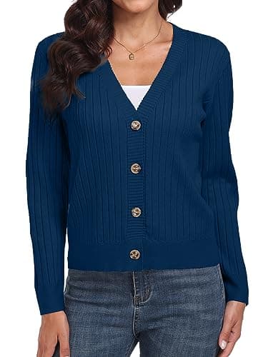 Women's Blue Casual Dressy Stirped Cardigan with V Neck Button Sweaters Crew Neck Lady Lightweight Jacket 2024 Fall Winter Size XXL - Image 1