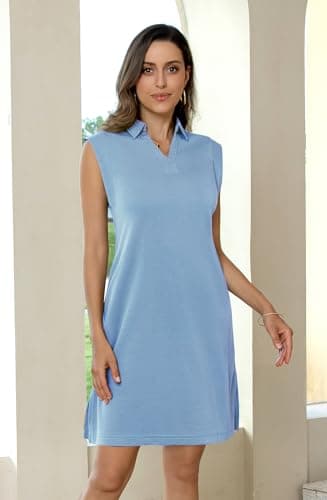 BEXIBOOM Work Dresses for Women Casual Summer Dress, V Neck Collared Shift Dress with Pockets, Cap Sleeve Knee Length Office T Shirt Dress Denim Blue-2XL - Thumbnail 6