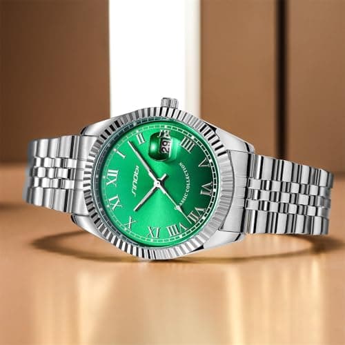 SINOBI Men's Luminous Hand Calendar Date Quartz Watch Classic Stainless Steel Watches for Men (Silver-Green) - Thumbnail 3