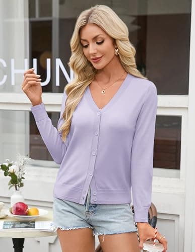 GRACE KARIN Purple Cardigan Sweaters for Women Lightweight Button Up Spring Cardigans Trendy Summer Clothes Knit Shrug M - Thumbnail 3