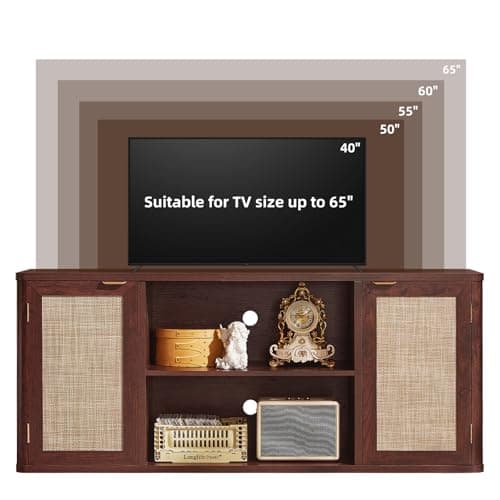 LEYAOYAO Rattan TV Stands for Living Room, Boho Media Console with Open Shelf for 50-65 Inch TV, Walnut - Thumbnail 6