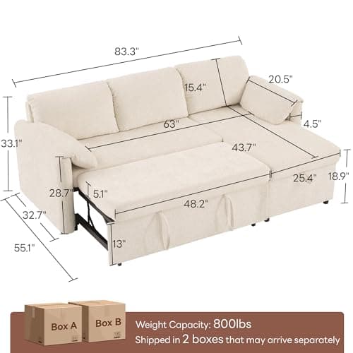 Tbfit 83'' Sleeper Sofa Bed with USB & Storage Chaise, Convertible Pull Out Sofa Bed, Couches for Living Room, Dorm, RV, Small Spaces, White Sherpa - Thumbnail 2