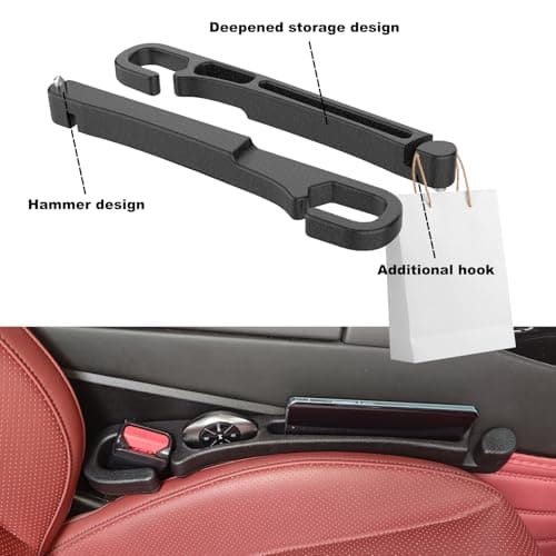 Bigger Solutions 2 Pack Car Seat Gap Filler with Storage, Organizer, Hook & Emergency Glass Breaker, Universal for Cars Trucks SUVs, Stop Items from Falling - Thumbnail 4