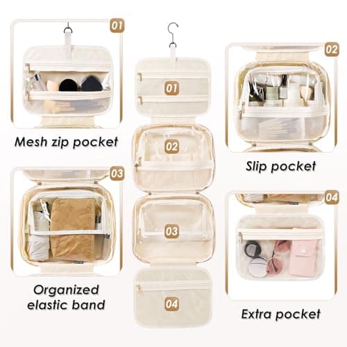 MDODO Travel Toiletry Makeup Bag for Women Hanging Toiletry Bag Cosmetic Organizer Make up Bags for Women Travel Makeup Essentials, Beige - Thumbnail 3
