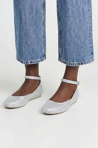 unsylvion Women's Ballet Low Wedge Flats with Round Toe and Ankle Strap Stylish Comfortable Casual Shoes for Work,Office,Business Silver - Thumbnail 6