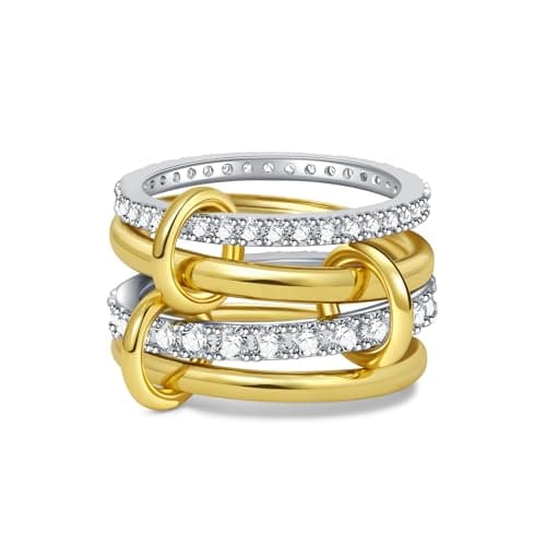 TLY Gold Silver Stackable Rings for Women Mixed Metal Interlocked Statement Ring Stack 14K Gold Plated Cubic Zirconia Fashion Two Tone Connected Bands Size 4-11 Valentines Day Jewelry gifts - Image 1
