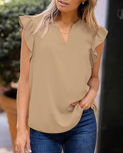 Zenlonr Womens Summer Tops 2026 Casual V Neck Ruffle Cap Sleeve Blouse Shirts Solid Color Tunic Tops(Khaki,Medium) - Thumbnail 2