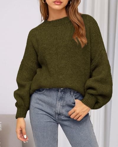 BTFBM Sweaters for Women Fall 2026 Crew Neck Lantern Long Sleeve Oversized Sweater Casual Knit Winter Pullover Tops(Army Green, XX-Large) - Thumbnail 2