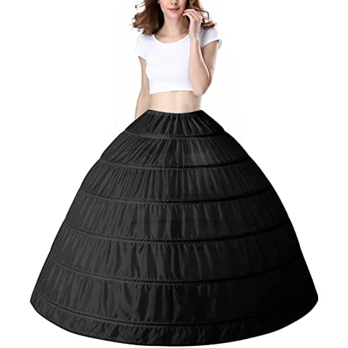 PrettyQueen Women 6 Hoop Petticoat White A-line Floor-Length Crinoline Underskirt for Bridal Wedding Dress Ball Gown Black