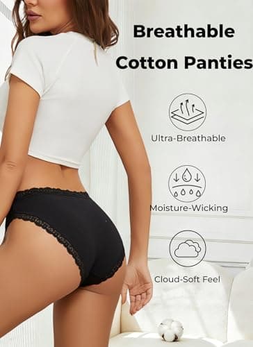 READY TO LOVE Cotton Underwear for Women Pack Lace Cheeky Bikini Black Panties Hipster Lounge Sets Lingerie Non G-String Thongs Boyshorts - Thumbnail 4