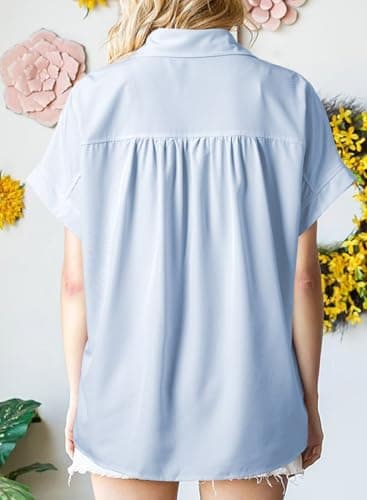 Dokotoo Plus Size Tops for Women Dressy Casual Chiffon Blouse Short Sleeve Shirts for Women Collared V Neck Work Office Button Down Shirt Solid Color Loose Fit T-Shirts Sky Blue Polo Shirts XX-Large - Thumbnail 2