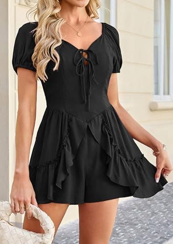 ECOWISH Womens Summer Short Rompers Tie Front V Neck Short Sleeve Ruffle Hem Beach Romper Dress with Pockets 2026 Black Small - Thumbnail 2