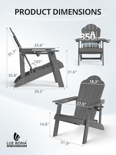 LUE BONA Matte HDPE Adirondack Chairs Set of 4 - Weather Resistant Seating with Cup Holder for Patio, Fire Pit, Deck & Cafe Patio, Dark Gray - Thumbnail 2