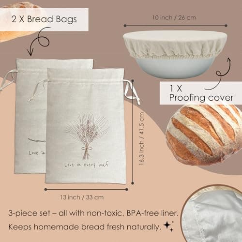 Cacolor ‌2 Pack Reusable Linen Bread Bags for Homemade Sourdough - Eco-Friendly Bread Storage with Proofing Bowl Cover | Baking Accessories & Sustainable Kitchen Essentials - Thumbnail 2