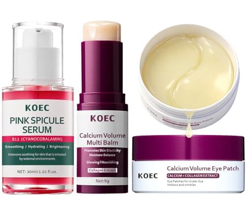 Cemenrete Calcium Volume Multi Balm Stick + Pink Spicule Serum + Calcium Eye Patches 60ea, Collagen Elastin Boost & Wrinkle Smoothing Eye Treatment, Liquid Microneedling Pore Refinement Face Serum