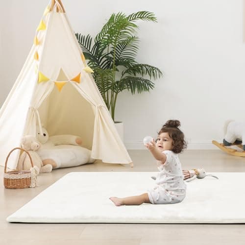 PAPAMAT 1.5" Thick Baby Play Mat for Floor, 50x50 Playpen Mat, Pro Soft Flannel Foam Mats Toddler Infant Kids Crawling for Nursery Rug Playroom Living Room Waterproof Easy Care Non-Slip (Cream) - Thumbnail 6