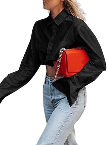 Button Down Crop Top for Women Casual Irregular Hem Solid Color Cropped Blouse Shirt Tunics Black XL - Thumbnail 3