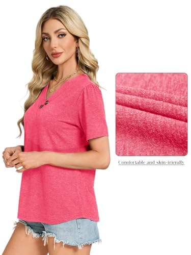 VUTRU Womens Short Sleeve Tops Summer Blouse V Neck Shirts Henley Tunic Loose Flowy Work Casual Plus Size Clothes, Heather Pink M - Thumbnail 5