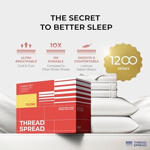 THREAD SPREAD 100% Egyptian Cotton Split King Sheets Sets for Adjustable Bed - Luxury 1200 Series Plush Collection Split Top King Sheets (5 PC, White), Soft, Cooling, 17" Deep Pocket Sheet Set - Thumbnail 5