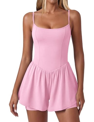 Ekouaer Womens Summer Sleeveless Workout Rompers Athletic Jumpsuit Double Lined Shorts One Piece Gym Yoga Clothes Light Pink L - Image 1