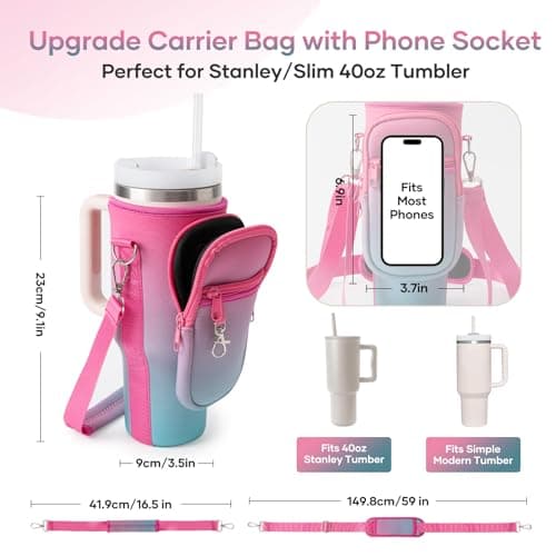 linmaya Water Bottle Carrier Bag for Stanley Cup 40/30oz with Phone Holder Pockets,Neoprene Water Bottle Cross-body Bag with Adjustable Shoulder & Hand Strap Stanley Cup Accessories - Thumbnail 4