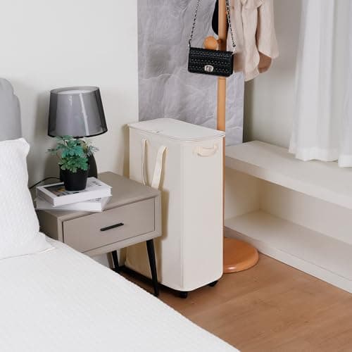 Vincona Slim Laundry Hamper with Lid and Wheels, Small Rolling Laundry Basket with Handle for Small Spaces, Tall Dirty Clothes Hampers for Dorm, Bathroom and Bedroom, 75L, Beige - Thumbnail 2