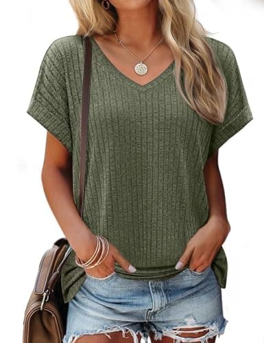 JUSTFASHIONNOW Womens Summer Tops 2026 Trendy Short Sleeve V Neck T Shirts Split Side Cute Tops Flowy Blouses Vacation Outfits Green L - Image 1