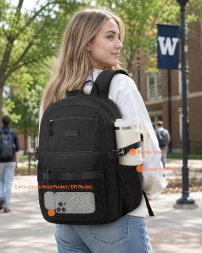 LOVEVOOK Laptop Backpack Women/Men with 40oz Cup Holder Buckle Strap, 15.6 Inch Tech-Ready Work Backpack, TSA-compliant for Travel & College with Versatile Mesh Pocket, Black - Thumbnail 2