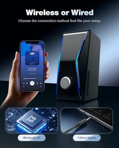 Nylavee Computer Speakers, Hi-Fi Stereo Sound PC Speakers with Bluetooth 5.0 and 3.5mm AUX-in, 14W AC Powered, Built-in Equalizer Modes and RGB Lights for Desktop PC, Monitor, Laptop, PS5, Xbox - Thumbnail 4