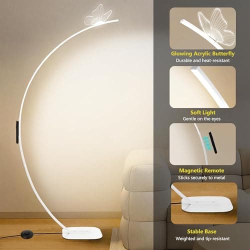 Solunvia Arched Floor Lamp with Butterfly Design, Adjustable Brightness up to 2000 Lumens, Remote & Pedal Control, 3 Light Settings Standing Lamp for Living Room, Bedroom, Office (White) - Thumbnail 3