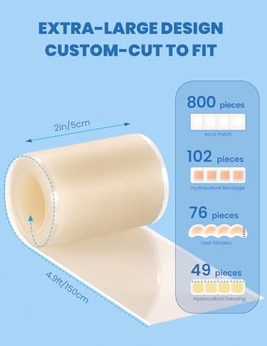 Hydrocolloid Roll for Wound Care & Acne, Pimple Patch Roll, Cut-to-Size Hydrocolloid Bandages, Waterproof, Absorbs Pus, Flexible, Clean & Easy to Use, First Aid for Acne, Cuts & Blisters (2in × 4.9ft) - Thumbnail 2