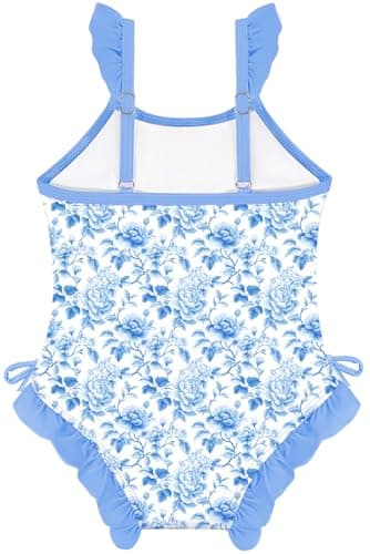 NikNio Toddler Swimsuit Girl Baby Girl Bathing Suit One Piece Sleeveless Newborn Infant Girl Swimwear with Hat Blue Flower 12-18 Months - Thumbnail 2