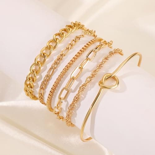 Alegend Bracelets Sets 14K Gold Plated Chic Stackable Twisted Rope Chains Link Paperclip Unique Six-Layered Design - Thumbnail 6