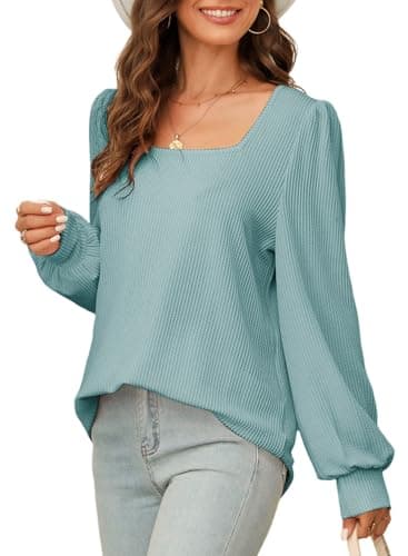 Dokotoo Oversized Womens Shirts Fall Clothes Square Neck Long Sleeve Knit Tops Casual Loose Comfy Solid Color Sweatshirt Tunic Blouses Fall Clothes for Women 2026 Blue XX-Large - Image 1