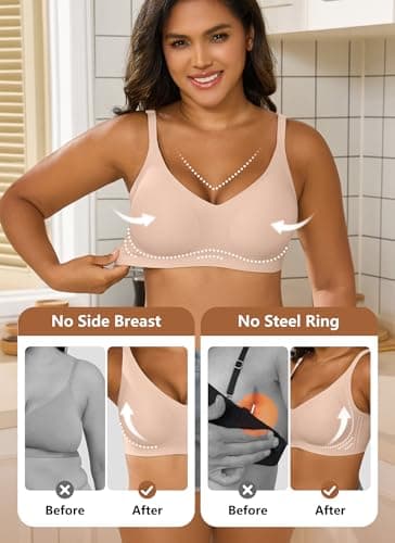 Xcutting Women's Supportive Wireless Jelly Bras for Women Seamless Comfort, Full Coverage, No Underwire, T-Shirt Women Bras Regular and Plus with Extender (Nude,Large) - Thumbnail 3