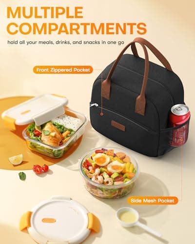 HOTOR Lunch Bag for Women & Men - Wear-Resistant Insulated Lunch Box with Large Capacity, Multi-Functional Cooler Bag for Office, Picnic, Black, 10L,10.60" x 5.90" x 9.50" - Thumbnail 2