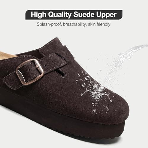Brelzo Calvior Platform Clogs for Women Arch Support Suede Clogs Soft Mules Potato Shoes Casual Slipper Sandals with Adjustable Buckle, Non-Slip, Dark Brown - Thumbnail 4