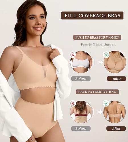 DEANGELMON Wireless Bras for Women Seamless Push Up Bralettes Scalloped V Neck Mesh Bra Tshirts Bra Comfort Everyday Bras(Skin,XXL) - Thumbnail 4