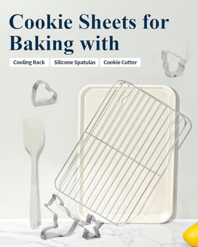 Ymiton 7PCS Nonstick Baking Sheet Set - 10x15in Jelly Roll Pan with Wire Rack, Silicone Spatula & 4 Cookie Cutters, Thickened Carbon Steel, Oven Safe 450°C, Sunshine Cream - Thumbnail 3