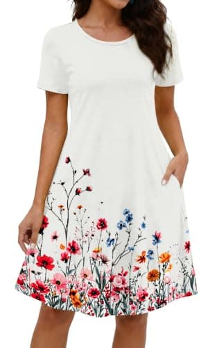 COSSEN Women's Summer 2026 Casual Tshirt Dress White Floral XX-Large Crew Neck Short Sleeve with Pockets Flowy Loose Swing A-Line Sundress - Image 1