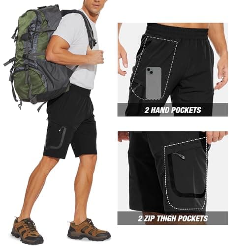 MOURCE Men's Hiking Shorts 9" Quick Dry Lightweight Elastic Waist Outdoor Fishing Golf Cargo Shorts, Black S - Thumbnail 4