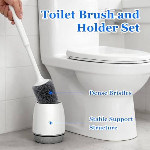 EZKEY Toilet Brush, 2 Pack Toilet Bowl Brush and Holder Set Ergonomic Long Handle Toilet Scrubber with Ventilated Base for Quick Drying, for Bathroom Cleaning, White & Gray - Thumbnail 3